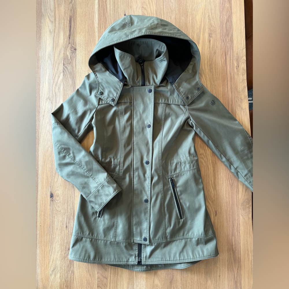 Womens rain jacket with removable hood
